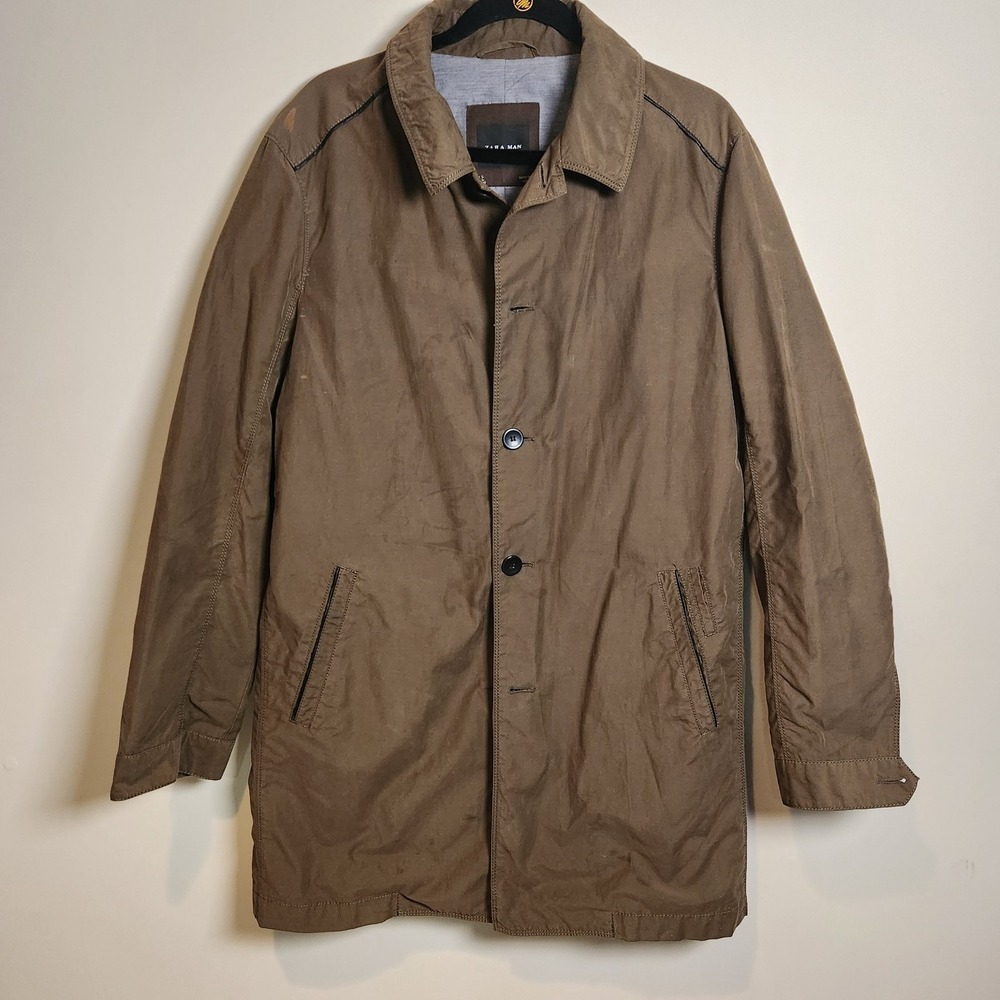 Zara Man Brown Trench Car Coat Size L Cotton Nylon Lined Black Trim